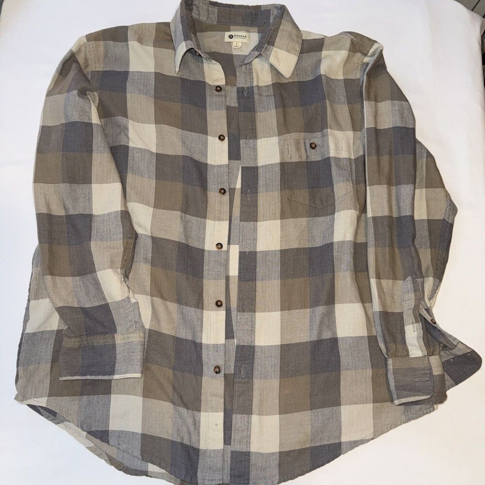 Haggar Shirt Mens Large Grey Khaki Plaid Long Sleeve Button Down Cotton Blend